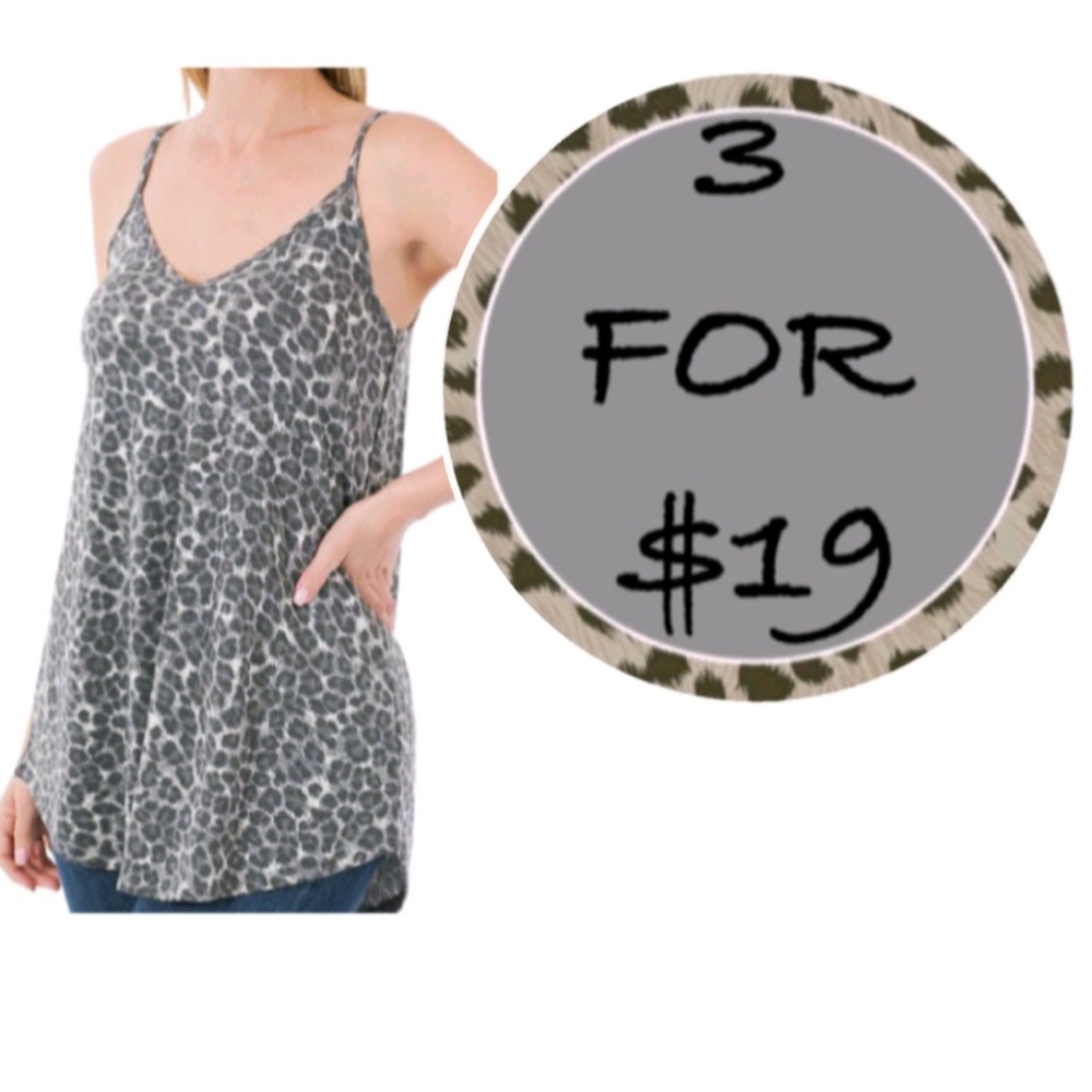 3/$19 Zenana Outfitters leopard print spaghetti strap swing tunic tank top